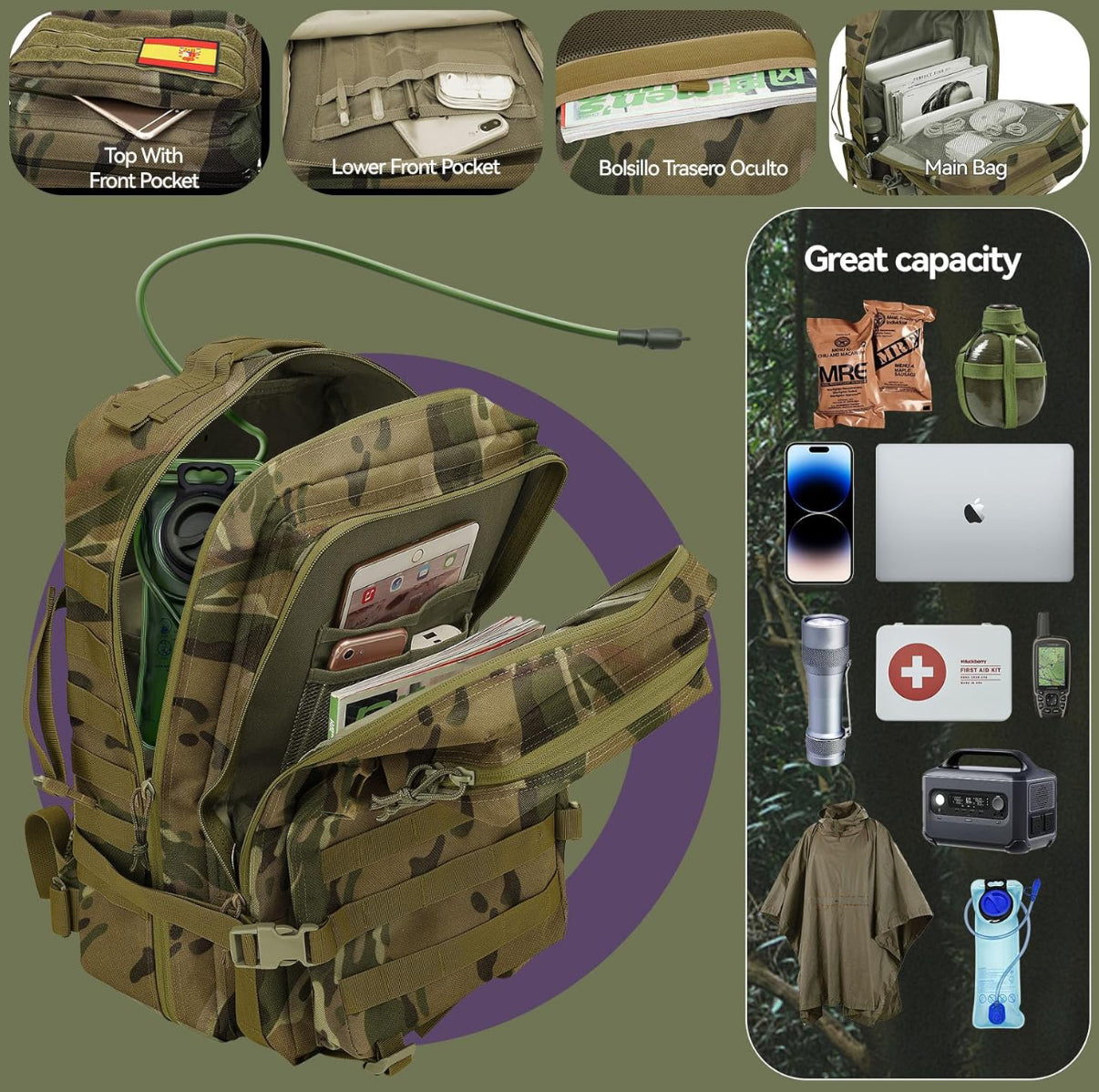 Mochila Táctica Militar 45L – Resistente y Multifuncional para Supervivencia, Emergencias, Camping, Senderismo y Uso Diario | Alta Capacidad y Durabilidad